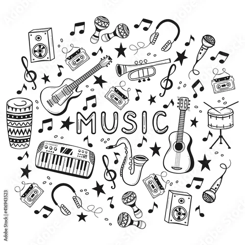 Obraz Set of hand drawn musical instruments in doodles style.