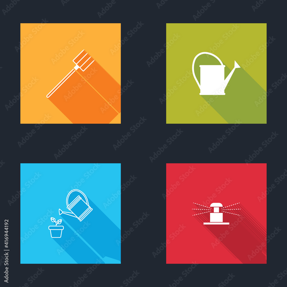 Set Garden pitchfork, Watering can, and Automatic irrigation sprinklers icon. Vector. Set Garden pitchfork, Watering can, and Automatic irrigation sprinklers icon. Vector.