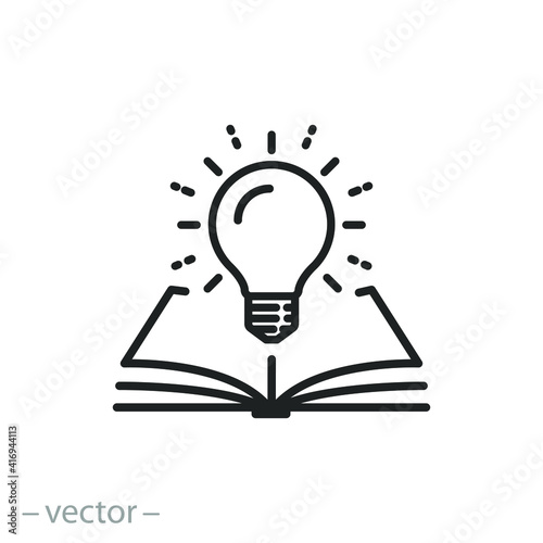 open book with lightbulb, concept new knowledge, understanding wisdom in study, creative idea, thin line symbol on white background - editable stroke vector illustration