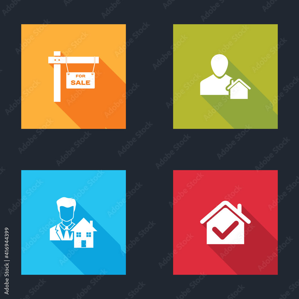 Set Hanging sign with For Sale, Realtor, and House check mark icon. Vector. Set Hanging sign with For Sale, Realtor, and House check mark icon. Vector.