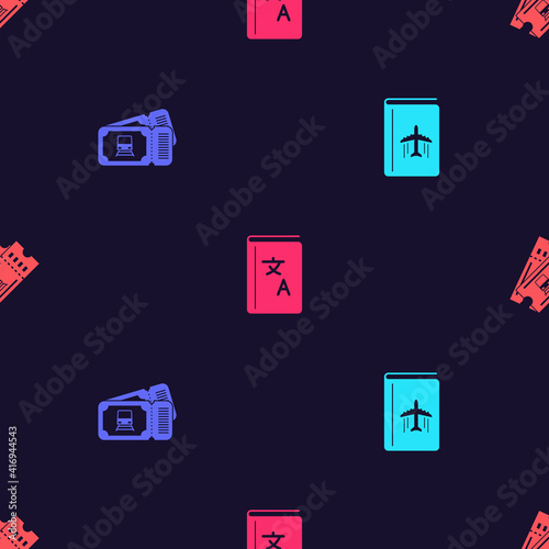 Set Cover book travel guide, Train ticket, Translator and on seamless pattern. Vector.