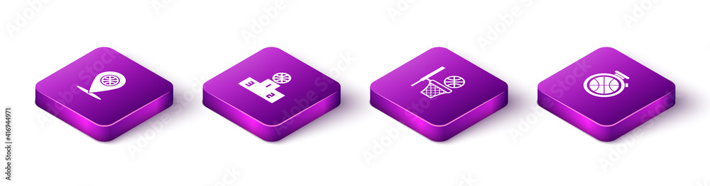 Set Isometric Location with basketball ball, Sports winner podium, Basketball and and Stopwatch icon. Vector. Set Isometric Location with basketball ball, Sports winner podium, Basketball and and Stopwatch icon. Vector.