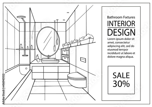 Drawing of bathroom interior design. Sketch of hotel interior. Bathroom plumbing. Vector illustration.