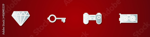 Set Diamond, Ancient key for game, Gamepad and Video graphic card icon. Vector.