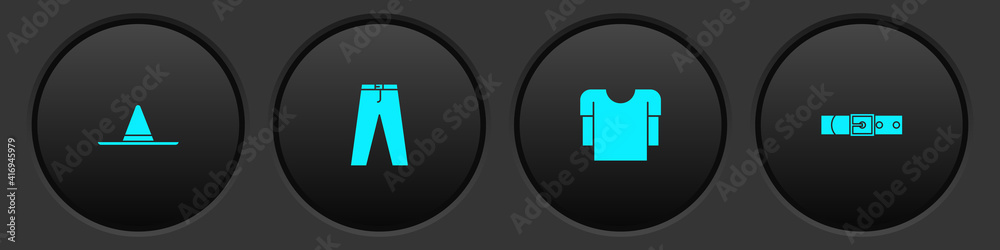 Set Gardener worker hat, Pants, Long sleeve shirt and Leather belt icon. Vector. Set Gardener worker hat, Pants, Long sleeve shirt and Leather belt icon. Vector.