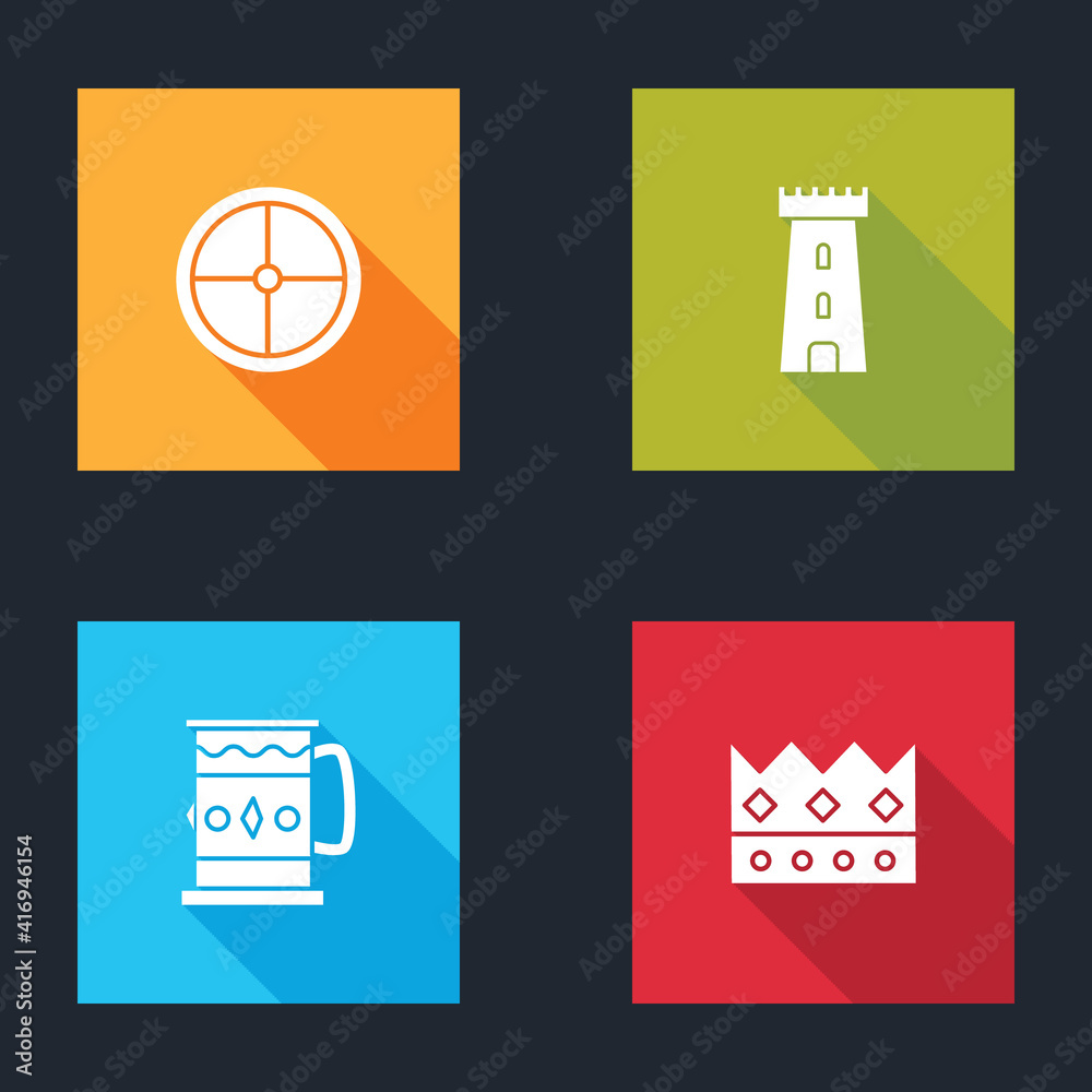 Set Round wooden shield, Castle tower, Wooden mug and King crown icon. Vector.