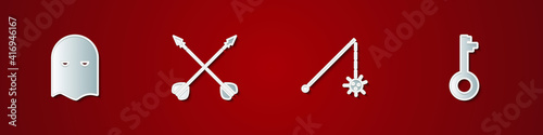 Set Executioner mask, Medieval crossed arrows, chained mace ball and Old key icon. Vector.