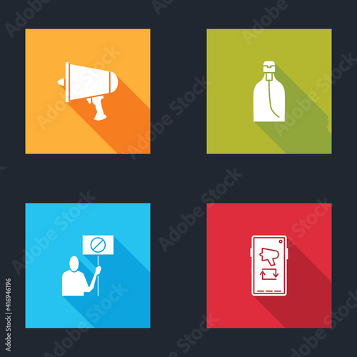 Set Spread the word, megaphone, Bottle of liquid soap, Nature saving protest and Megaphone mobile icon. Vector.
