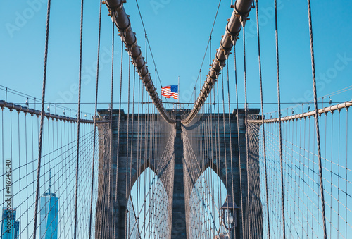 View from the pedestrian walkway of the Brooklyn Bridge. The Brooklyn Bridge is connects the boroughs of Manhattan and Brooklyn and is one of the biggest suspension bridge in the world.