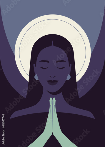 Portrait of a young woman with closed eyes prays to god. Religions and mysticism. flat illustration