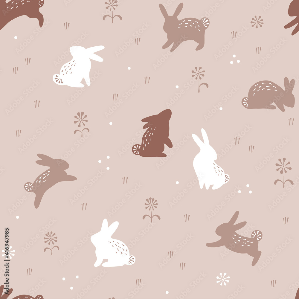 Easter Spring Bunny vector seamless pattern. Illustration of little rabbit in floral field for textile or wrapping surface. Happy Easter ornament for Christian spring holidays. Easter Spring Bunny vector seamless pattern. Illustration of little rabbit in floral field for textile or wrapping surface. Happy Easter ornament for Christian spring holidays.