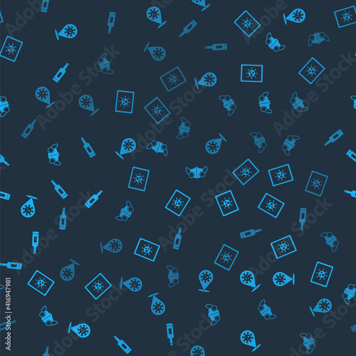Set Corona virus 2019-nCoV on location, Virus statistics monitor, Medical protective mask and thermometer on seamless pattern. Vector.
