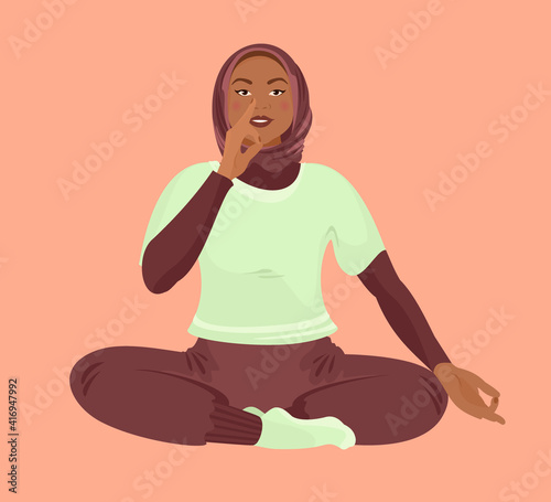 Abdominal Breathing. Young woman wearing burqa or paranja practice deep breathing. Breath Awareness Yoga Exercise. Vector flat cartoon Illustration.