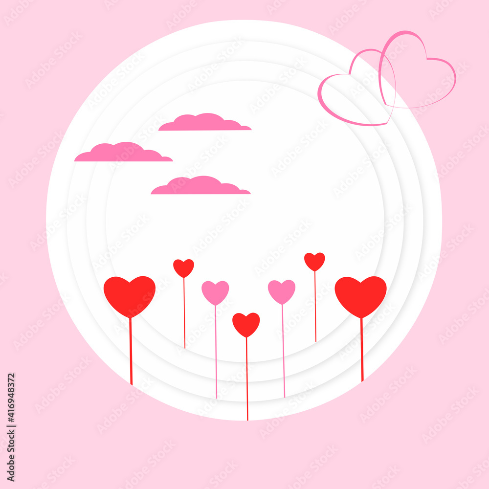 Background for a holiday card for valentine's day with hearts and clouds. Hearts on a background with a frame in pink. Simple background for congratulations, invitations.