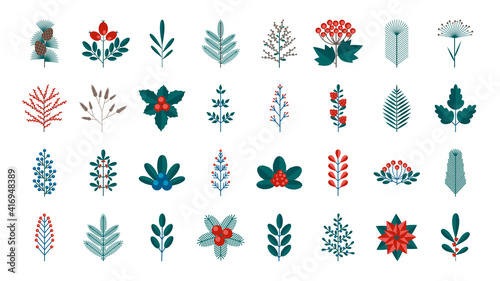 A big collection of Merry Christmas floral design elements in a flat retro style. Flower, berry and leaf in green, red, blue colors. Suitable for creating postcards, banners and patterns. Vector