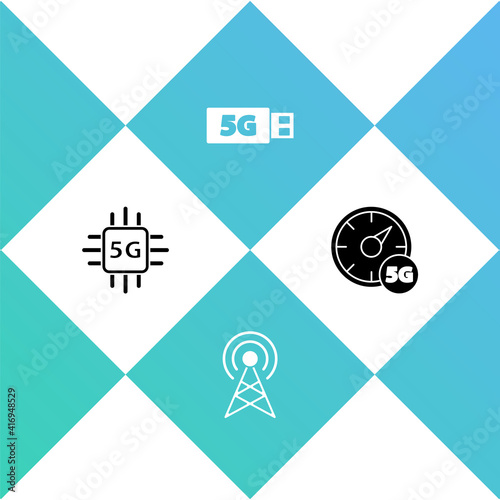 Set Processor 5G, Antenna, modem and Digital speed meter icon. Vector.