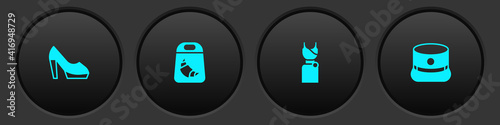 Set Woman shoe, Croissant package, dress and Kepi icon. Vector.