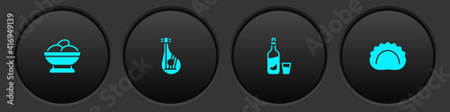 Set Varenyky in a bowl, Bandura, Vodka with pepper glass and Dumplings icon. Vector.