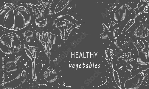 A set of fresh vegetables. Hand drawing in chalk on a dark background. White lines on a gray background. Healthy, vegan, vegetarian, organic, eco food. Vector illustration.