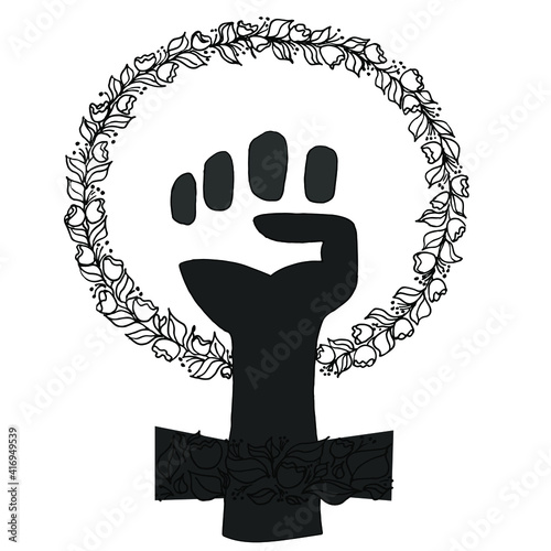 A sign of feminism surrounded by leaves and cets, in the center a black hand clenched into a fist. The idea of the rights and freedoms of women, the unity of nature and women. Hand drawing, black pen.