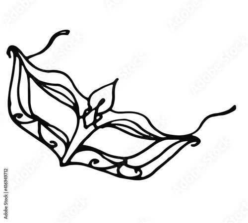 Sexy graceful mask for woman, carnival girl, costume party, Valentine's Day, theater. Hand drawn by black pen on white background, isolated. For clothing stores, costumes, ballroom parties, sex shops.