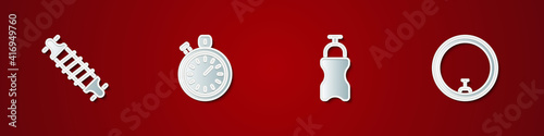 Set Bicycle suspension, Stopwatch, Sport bottle with water and wheel icon. Vector.