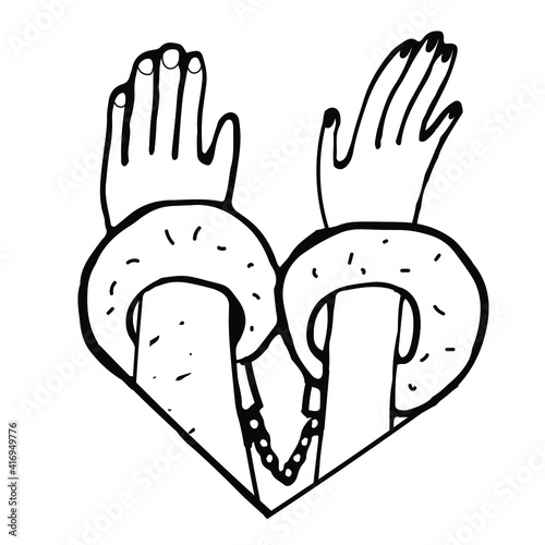 A male and female hand are handcuffed in the shape of a heart. The symbol of a pair of lovers, unity. Hand drawn by black pen on white background, isolated vector stock image. 
