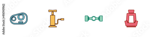 Set Car headlight, air pump, Chassis car and seat icon. Vector.