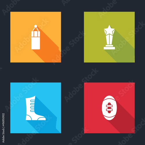 Set Punching bag  Award cup  Sport boxing shoes and American Football ball icon. Vector.