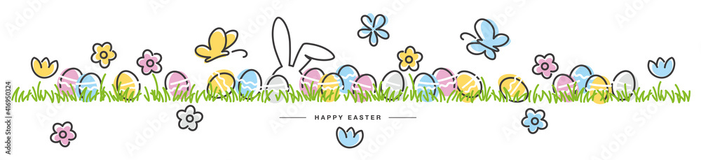 Easter line design butterfly rabbit and spring flowers tulips colorful eggs in green grass Easter egg hunt white greeting card