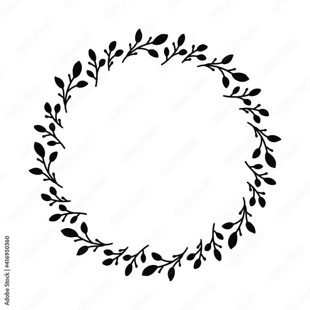Vector hand drawn spring wreath isolated on white background. Silhouette circle of leaves. Doodle style. Floral frame. Vector hand drawn spring wreath isolated on white background. Silhouette circle of leaves. Doodle style. Floral frame.