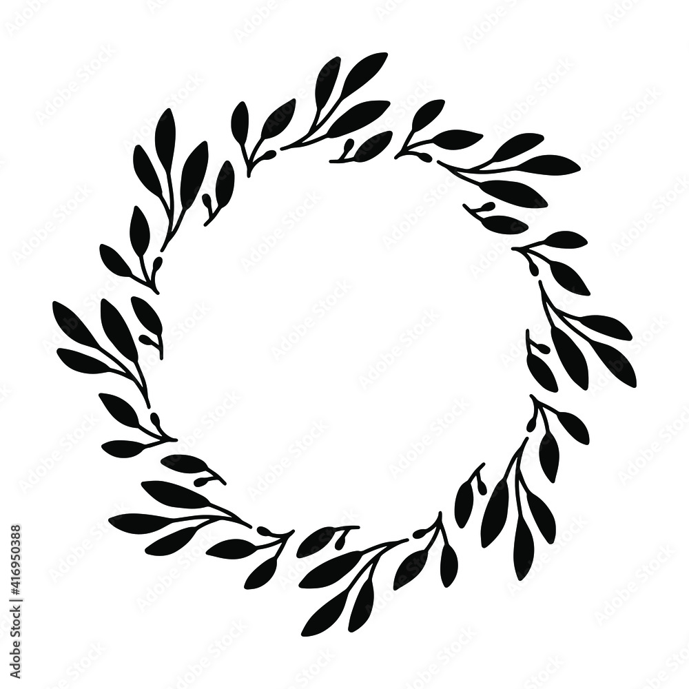 Vector hand drawn spring wreath isolated on white background. Silhouette circle of leaves. Doodle style. Floral frame. Vector hand drawn spring wreath isolated on white background. Silhouette circle of leaves. Doodle style. Floral frame.