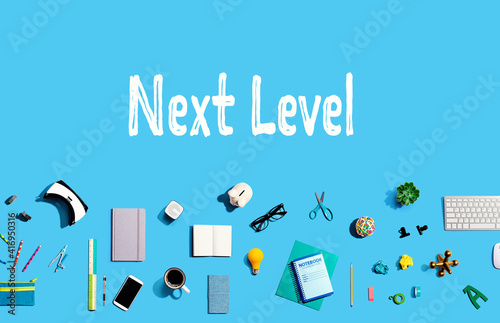 Next level concept with collection of electronic gadgets and office supplies