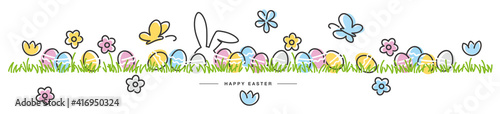 Easter line design butterfly rabbit and spring flowers tulips colorful eggs in green grass Easter egg hunt white greeting card