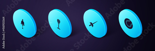 Set Isometric Tennis ball, Fencing, Punching bag and Ringing bell icon. Vector.