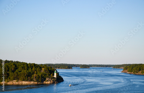 Dwellings islands on Stockholm archipelago in Baltic sea at sunny morning, Sweden