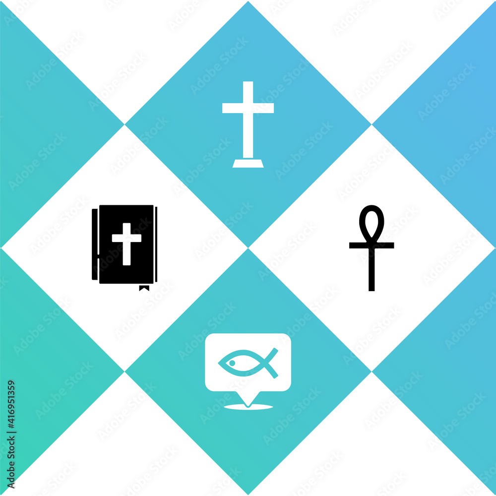 Set Holy bible book, Christian fish, cross and Cross ankh icon. Vector. Set Holy bible book, Christian fish, cross and Cross ankh icon. Vector.