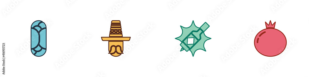 Set Burrito, Mexican man sombrero, Tabasco sauce and Tomato icon. Vector. Set Burrito, Mexican man sombrero, Tabasco sauce and Tomato icon. Vector.