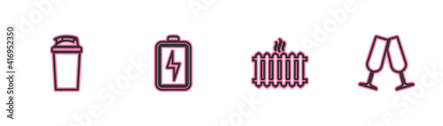 Set line Fitness shaker, Heating radiator, Battery and Glasses of champagne icon. Vector.