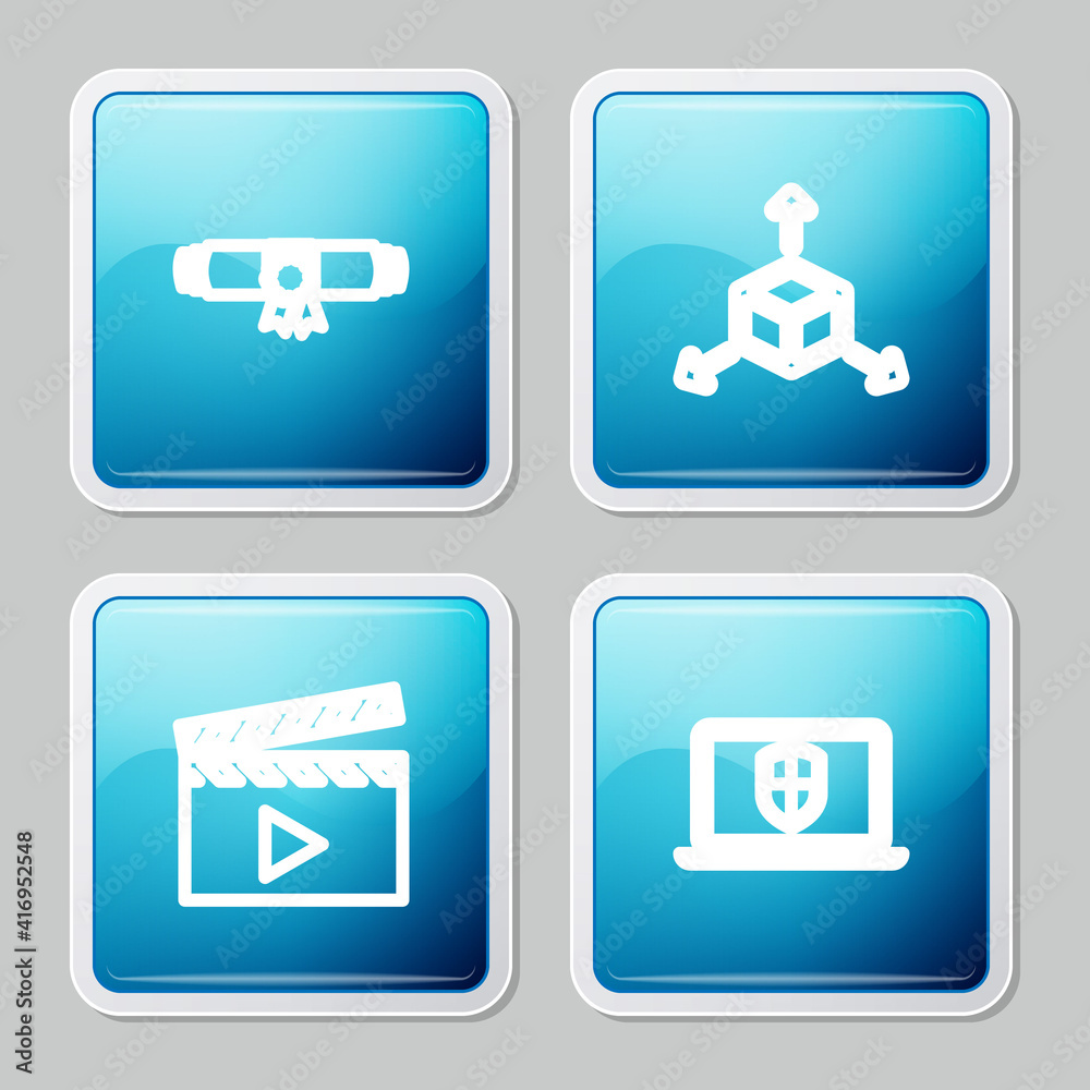 Set line Diploma rolled scroll, Isometric cube, Movie clapper and Laptop with shield icon. Vector. Set line Diploma rolled scroll, Isometric cube, Movie clapper and Laptop with shield icon. Vector.