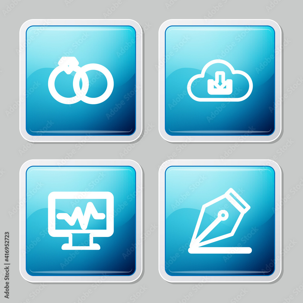 Set line Wedding rings, Cloud download, Monitor with cardiogram and Fountain pen nib icon. Vector. Set line Wedding rings, Cloud download, Monitor with cardiogram and Fountain pen nib icon. Vector.
