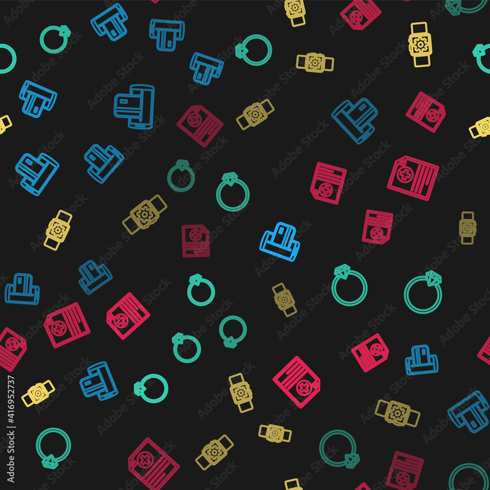 Set line NFC Payment, Diamond engagement ring, Smartwatch setting and Clinical record on seamless pattern. Vector. Set line NFC Payment, Diamond engagement ring, Smartwatch setting and Clinical record on seamless pattern. Vector.