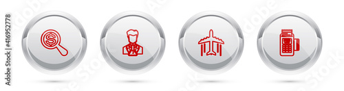 Set line Magnifying glass and dollar, Scientist test tube, Plane and POS terminal. Silver circle button. Vector.