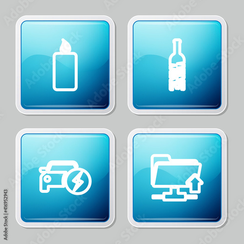 Set line Burning candle, Bottle of wine, Electric car and FTP folder upload icon. Vector.