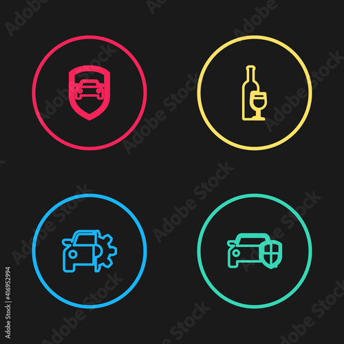 Set line Car service, protection or insurance, Wine bottle with glass and icon. Vector.