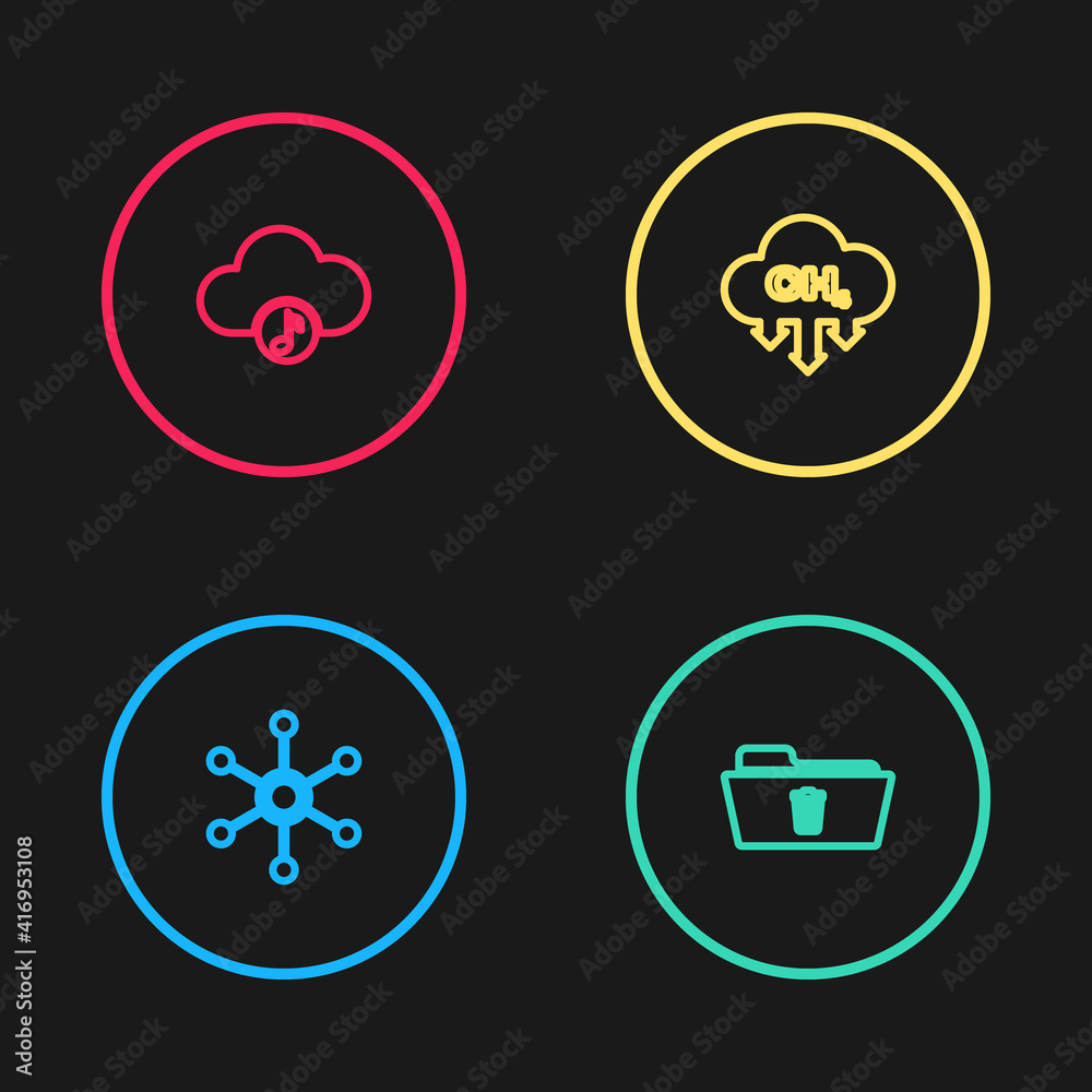 Set line Network, Delete folder, Methane emissions reduction and Music streaming service icon. Vector. Set line Network, Delete folder, Methane emissions reduction and Music streaming service icon. Vector.