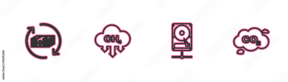 Set line Refund money, Hard disk drive sharing network, Methane emissions reduction and CO2 cloud icon. Vector. Set line Refund money, Hard disk drive sharing network, Methane emissions reduction and CO2 cloud icon. Vector.