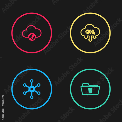 Set line Network, Delete folder, Methane emissions reduction and Music streaming service icon. Vector.