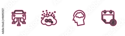 Set line Car sharing, Head silhouette with cloud, CO2 emissions and Financial calendar icon. Vector.
