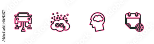 Set line Car sharing  Head silhouette with cloud  CO2 emissions and Financial calendar icon. Vector.